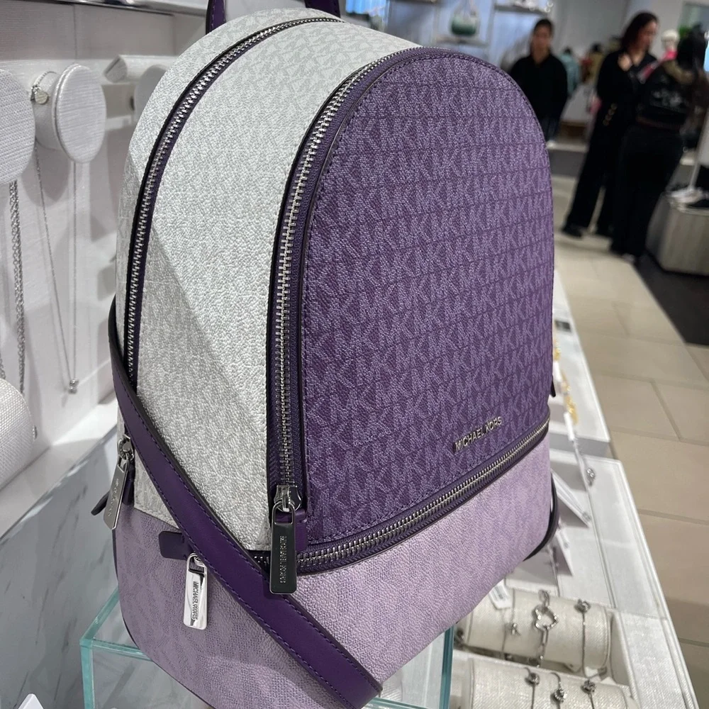MICHAEL KORS Rhea Medium Zip Color-Block Signature Logo Backpack Dark Purple MLT